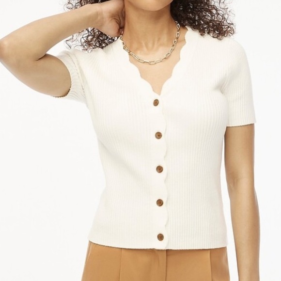 J. Crew Sweaters - NWT J.Crew Short-Sleeve Cardigan Sweater Women's Size S Scallop Trim Ivory